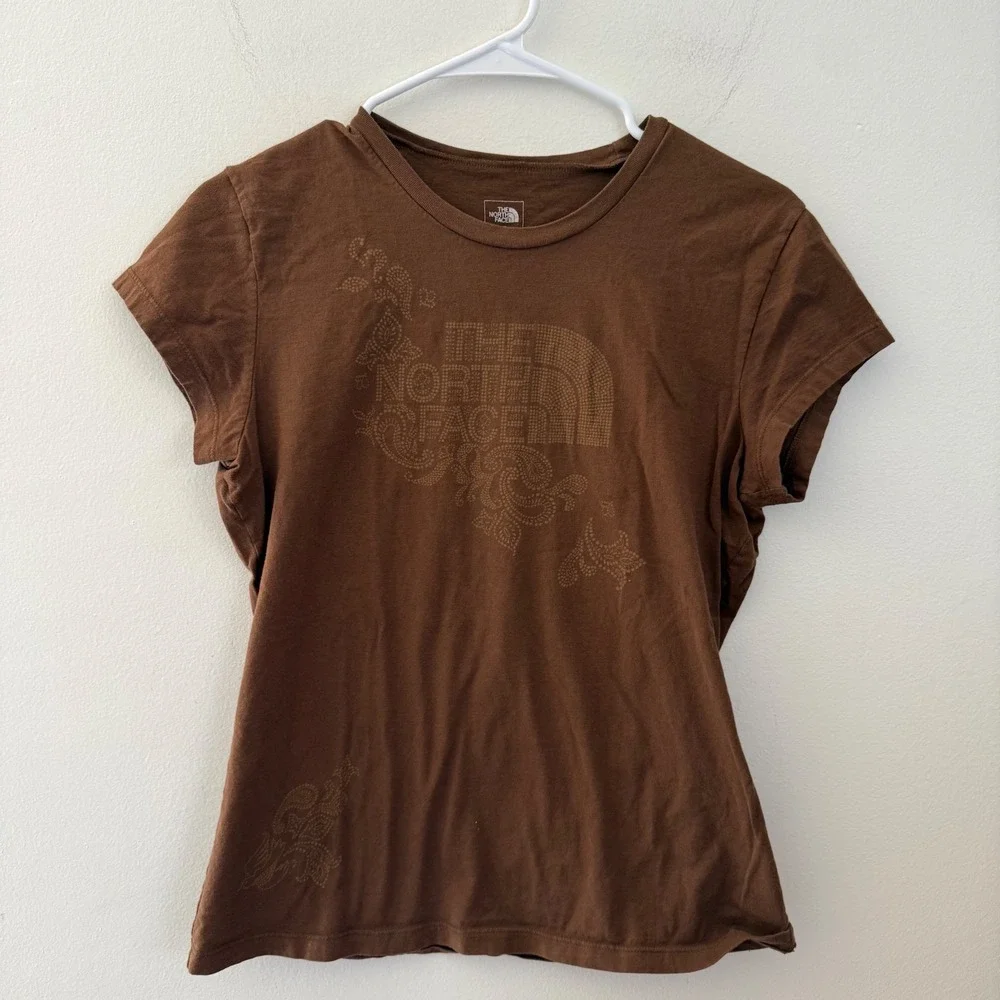 The North Face A5 Series Brown Paisley Logo y2k T-Shirt Womens Large L/G‎